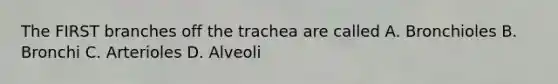 The FIRST branches off the trachea are called A. Bronchioles B. Bronchi C. Arterioles D. Alveoli