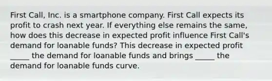 First​ Call, Inc. is a smartphone company. First Call expects its profit to crash next year. If everything else remains the​ same, how does this decrease in expected profit influence First​ Call's demand for loanable​ funds? This decrease in expected profit _____ the demand for loanable funds and brings _____ the demand for loanable funds curve.