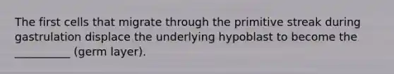 The first cells that migrate through the primitive streak during gastrulation displace the underlying hypoblast to become the __________ (germ layer).