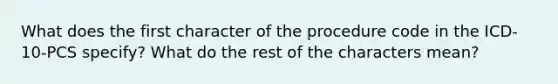 What does the first character of the procedure code in the ICD-10-PCS specify? What do the rest of the characters mean?