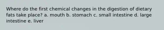 Where do the first chemical changes in the digestion of dietary fats take place? a. mouth b. stomach c. small intestine d. large intestine e. liver