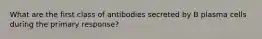 What are the first class of antibodies secreted by B plasma cells during the primary response?