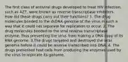 The first class of antiviral drugs developed to treat HIV infection, such as AZT, were known as reverse transcriptase inhibitors. How did these drugs carry out their functions? 1. The drug molecules bonded to the dsDNA genome of the virus in such a way that it could not separate for replication to occur. 2. The drug molecules bonded to the viral reverse transcriptase enzyme, thus preventing the virus from making a DNA copy of its RNA genome. 3.The drugs targeted and destroyed the viral genome before it could be reverse transcribed into DNA. 4. The drugs prevented host cells from producing the enzymes used by the virus to replicate its genome.