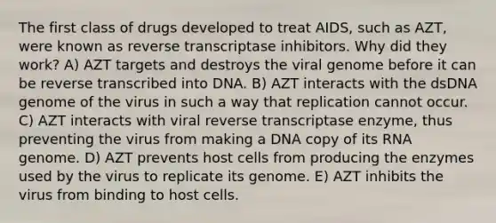 The first class of drugs developed to treat AIDS, such as AZT, were known as reverse transcriptase inhibitors. Why did they work? A) AZT targets and destroys the viral genome before it can be reverse transcribed into DNA. B) AZT interacts with the dsDNA genome of the virus in such a way that replication cannot occur. C) AZT interacts with viral reverse transcriptase enzyme, thus preventing the virus from making a DNA copy of its RNA genome. D) AZT prevents host cells from producing the enzymes used by the virus to replicate its genome. E) AZT inhibits the virus from binding to host cells.