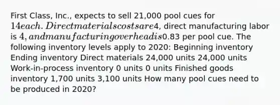 First Class, Inc., expects to sell 21,000 pool cues for 14 each. Direct materials costs are4, direct manufacturing labor is 4, and manufacturing overhead is0.83 per pool cue. The following inventory levels apply to 2020: Beginning inventory Ending inventory Direct materials 24,000 units 24,000 units Work-in-process inventory 0 units 0 units Finished goods inventory 1,700 units 3,100 units How many pool cues need to be produced in 2020?