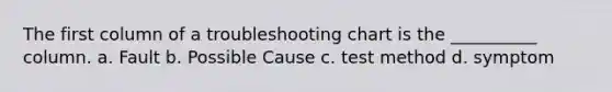 The first column of a troubleshooting chart is the __________ column. a. Fault b. Possible Cause c. test method d. symptom