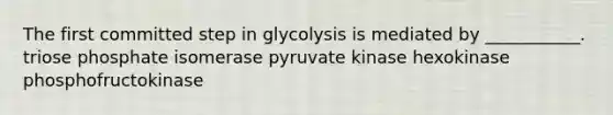 The first committed step in glycolysis is mediated by ___________. triose phosphate isomerase pyruvate kinase hexokinase phosphofructokinase