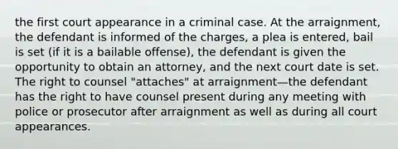 the first court appearance in a criminal case. At the arraignment, the defendant is informed of the charges, a plea is entered, bail is set (if it is a bailable offense), the defendant is given the opportunity to obtain an attorney, and the next court date is set. The right to counsel "attaches" at arraignment—the defendant has the right to have counsel present during any meeting with police or prosecutor after arraignment as well as during all court appearances.