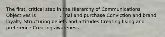 The first, critical step in the Hierarchy of Communications Objectives is _________ . Trial and purchase Conviction and brand loyalty. Structuring beliefs and attitudes Creating liking and preference Creating awareness