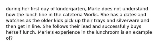 during her first day of kindergarten, Marie does not understand how the lunch line in the cafeteria Works. She has a dates and watches as the older kids pick up their trays and silverware and then get in line. She follows their lead and successfully buys herself lunch. Marie's experience in the lunchroom is an example of?