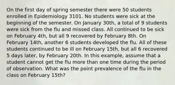 On the first day of spring semester there were 50 students enrolled in Epidemiology 3101. No students were sick at the beginning of the semester. On January 30th, a total of 9 students were sick from the flu and missed class. All continued to be sick on February 4th, but all 9 recovered by February 8th. On February 14th, another 6 students developed the flu. All of these students continued to be ill on February 15th, but all 6 recovered 5 days later, by February 20th. In this example, assume that a student cannot get the flu more than one time during the period of observation. What was the point prevalence of the flu in the class on February 15th?