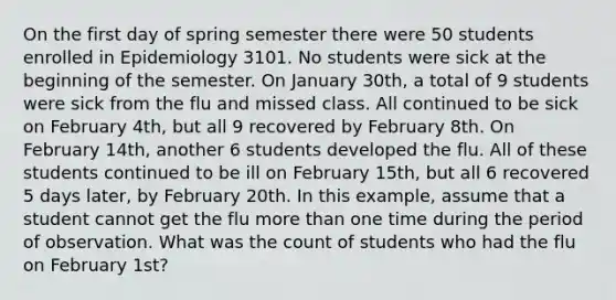 On the first day of spring semester there were 50 students enrolled in Epidemiology 3101. No students were sick at the beginning of the semester. On January 30th, a total of 9 students were sick from the flu and missed class. All continued to be sick on February 4th, but all 9 recovered by February 8th. On February 14th, another 6 students developed the flu. All of these students continued to be ill on February 15th, but all 6 recovered 5 days later, by February 20th. In this example, assume that a student cannot get the flu more than one time during the period of observation. What was the count of students who had the flu on February 1st?