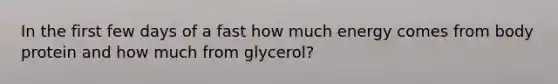 In the first few days of a fast how much energy comes from body protein and how much from glycerol?