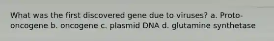 What was the first discovered gene due to viruses? a. Proto-oncogene b. oncogene c. plasmid DNA d. glutamine synthetase