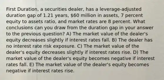 First Duration, a securities dealer, has a leverage-adjusted duration gap of 1.21 years, 60 million in assets, 7 percent equity to assets ratio, and market rates are 8 percent. What conclusions can you draw from the duration gap in your answer to the previous question? A) The market value of the dealer's equity decreases slightly if interest rates fall. B) The dealer has no interest rate risk exposure. C) The market value of the dealer's equity decreases slightly if interest rates rise. D) The market value of the dealer's equity becomes negative if interest rates fall. E) The market value of the dealer's equity becomes negative if interest rates rise.