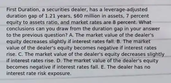 First Duration, a securities dealer, has a leverage-adjusted duration gap of 1.21 years, 60 million in assets, 7 percent equity to assets ratio, and market rates are 8 percent. What conclusions can you draw from the duration gap in your answer to the previous question? A. The market value of the dealer's equity decreases slightly if interest rates fall. B. The market value of the dealer's equity becomes negative if interest rates rise. C. The market value of the dealer's equity decreases slightly if interest rates rise. D. The market value of the dealer's equity becomes negative if interest rates fall. E. The dealer has no interest rate risk exposure.