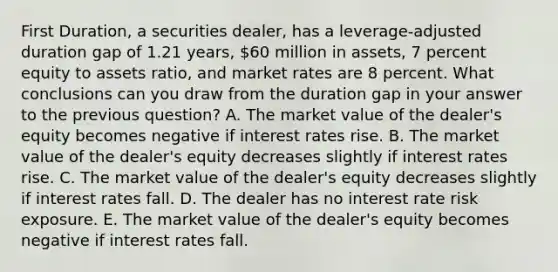 First Duration, a securities dealer, has a leverage-adjusted duration gap of 1.21 years, 60 million in assets, 7 percent equity to assets ratio, and market rates are 8 percent. What conclusions can you draw from the duration gap in your answer to the previous question? A. The market value of the dealer's equity becomes negative if interest rates rise. B. The market value of the dealer's equity decreases slightly if interest rates rise. C. The market value of the dealer's equity decreases slightly if interest rates fall. D. The dealer has no interest rate risk exposure. E. The market value of the dealer's equity becomes negative if interest rates fall.