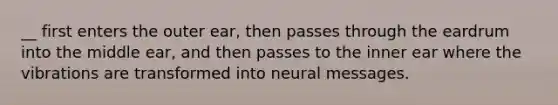 __ first enters the outer ear, then passes through the eardrum into the middle ear, and then passes to the inner ear where the vibrations are transformed into neural messages.