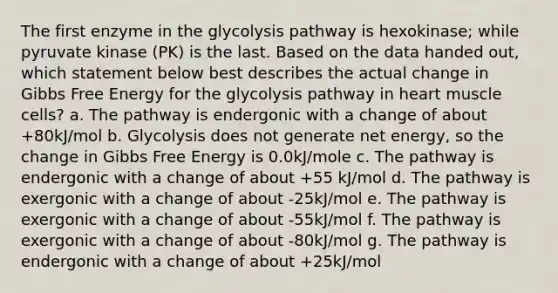 The first enzyme in the glycolysis pathway is hexokinase; while pyruvate kinase (PK) is the last. Based on the data handed out, which statement below best describes the actual change in Gibbs Free Energy for the glycolysis pathway in heart muscle cells? a. The pathway is endergonic with a change of about +80kJ/mol b. Glycolysis does not generate net energy, so the change in Gibbs Free Energy is 0.0kJ/mole c. The pathway is endergonic with a change of about +55 kJ/mol d. The pathway is exergonic with a change of about -25kJ/mol e. The pathway is exergonic with a change of about -55kJ/mol f. The pathway is exergonic with a change of about -80kJ/mol g. The pathway is endergonic with a change of about +25kJ/mol