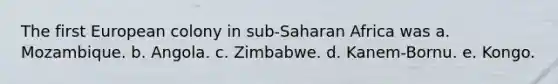 The first European colony in sub-Saharan Africa was a. Mozambique. b. Angola. c. Zimbabwe. d. Kanem-Bornu. e. Kongo.