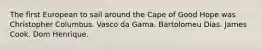 The first European to sail around the Cape of Good Hope was Christopher Columbus. Vasco da Gama. Bartolomeu Dias. James Cook. Dom Henrique.