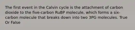 The first event in the Calvin cycle is the attachment of carbon dioxide to the five-carbon RuBP molecule, which forms a six-carbon molecule that breaks down into two 3PG molecules. True Or False