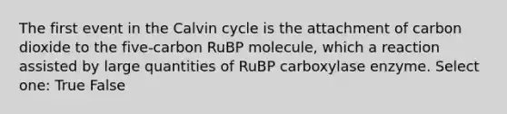 The first event in the Calvin cycle is the attachment of carbon dioxide to the five-carbon RuBP molecule, which a reaction assisted by large quantities of RuBP carboxylase enzyme. Select one: True False