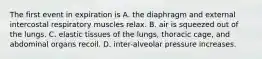 The first event in expiration is A. the diaphragm and external intercostal respiratory muscles relax. B. air is squeezed out of the lungs. C. elastic tissues of the lungs, thoracic cage, and abdominal organs recoil. D. inter-alveolar pressure increases.