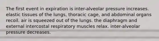 The first event in expiration is inter-alveolar pressure increases. elastic tissues of the lungs, thoracic cage, and abdominal organs recoil. air is squeezed out of the lungs. the diaphragm and external intercostal respiratory muscles relax. inter-alveolar pressure decreases.