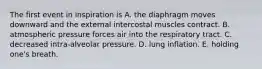 The first event in inspiration is A. the diaphragm moves downward and the external intercostal muscles contract. B. atmospheric pressure forces air into the respiratory tract. C. decreased intra-alveolar pressure. D. lung inflation. E. holding one's breath.