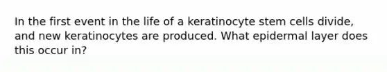 In the first event in the life of a keratinocyte stem cells divide, and new keratinocytes are produced. What epidermal layer does this occur in?