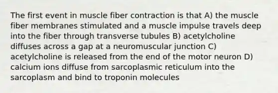 The first event in muscle fiber contraction is that A) the muscle fiber membranes stimulated and a muscle impulse travels deep into the fiber through transverse tubules B) acetylcholine diffuses across a gap at a neuromuscular junction C) acetylcholine is released from the end of the motor neuron D) calcium ions diffuse from sarcoplasmic reticulum into the sarcoplasm and bind to troponin molecules