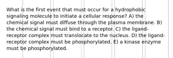 What is the first event that must occur for a hydrophobic signaling molecule to initiate a cellular response? A) the chemical signal must diffuse through the plasma membrane. B) the chemical signal must bind to a receptor. C) the ligand-receptor complex must translocate to the nucleus. D) the ligand-receptor complex must be phosphorylated. E) a kinase enzyme must be phosphorylated.