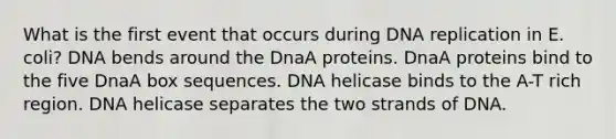 What is the first event that occurs during DNA replication in E. coli? DNA bends around the DnaA proteins. DnaA proteins bind to the five DnaA box sequences. DNA helicase binds to the A-T rich region. DNA helicase separates the two strands of DNA.