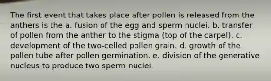 The first event that takes place after pollen is released from the anthers is the a. fusion of the egg and sperm nuclei. b. transfer of pollen from the anther to the stigma (top of the carpel). c. development of the two-celled pollen grain. d. growth of the pollen tube after pollen germination. e. division of the generative nucleus to produce two sperm nuclei.