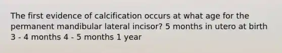 The first evidence of calcification occurs at what age for the permanent mandibular lateral incisor? 5 months in utero at birth 3 - 4 months 4 - 5 months 1 year