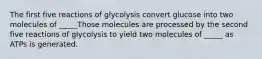 The first five reactions of glycolysis convert glucose into two molecules of _____Those molecules are processed by the second five reactions of glycolysis to yield two molecules of _____ as ATPs is generated.