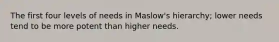 The first four levels of needs in Maslow's hierarchy; lower needs tend to be more potent than higher needs.