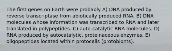 The first genes on Earth were probably A) DNA produced by reverse transcriptase from abiotically produced RNA. B) DNA molecules whose information was transcribed to RNA and later translated in polypeptides. C) auto-catalytic RNA molecules. D) RNA produced by autocatalytic, proteinaceous enzymes. E) oligopeptides located within protocells (protobionts).