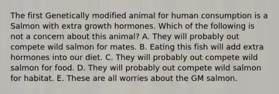 The first Genetically modified animal for human consumption is a Salmon with extra growth hormones. Which of the following is not a concern about this animal? A. They will probably out compete wild salmon for mates. B. Eating this fish will add extra hormones into our diet. C. They will probably out compete wild salmon for food. D. They will probably out compete wild salmon for habitat. E. These are all worries about the GM salmon.