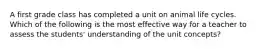 A first grade class has completed a unit on animal life cycles. Which of the following is the most effective way for a teacher to assess the students' understanding of the unit concepts?