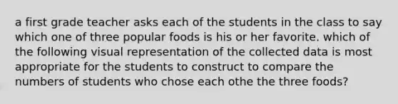 a first grade teacher asks each of the students in the class to say which one of three popular foods is his or her favorite. which of the following visual representation of the collected data is most appropriate for the students to construct to compare the numbers of students who chose each othe the three foods?