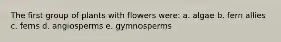 The first group of plants with flowers were: a. algae b. fern allies c. ferns d. angiosperms e. gymnosperms