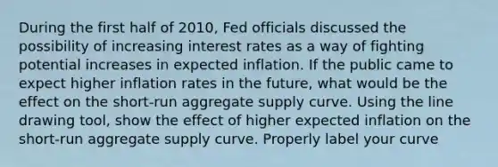 During the first half of​ 2010, Fed officials discussed the possibility of increasing interest rates as a way of fighting potential increases in expected inflation. If the public came to expect higher inflation rates in the​ future, what would be the effect on the​ short-run aggregate supply curve. Using the line drawing​ tool, show the effect of higher expected inflation on the​ short-run aggregate supply curve. Properly label your curve