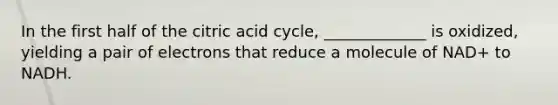 In the first half of the citric acid cycle, _____________ is oxidized, yielding a pair of electrons that reduce a molecule of NAD+ to NADH.