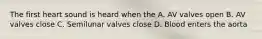 The first heart sound is heard when the A. AV valves open B. AV valves close C. Semilunar valves close D. Blood enters the aorta
