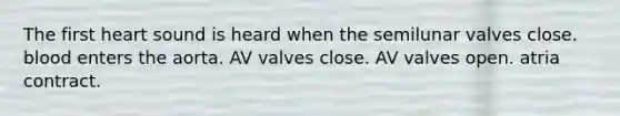 The first heart sound is heard when the semilunar valves close. blood enters the aorta. AV valves close. AV valves open. atria contract.