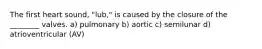 The first heart sound, "lub," is caused by the closure of the ________ valves. a) pulmonary b) aortic c) semilunar d) atrioventricular (AV)