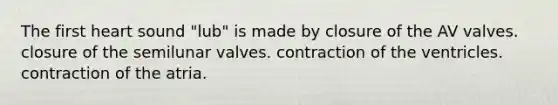 The first heart sound "lub" is made by closure of the AV valves. closure of the semilunar valves. contraction of the ventricles. contraction of the atria.