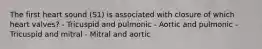 The first heart sound (S1) is associated with closure of which heart valves? - Tricuspid and pulmonic - Aortic and pulmonic - Tricuspid and mitral - Mitral and aortic